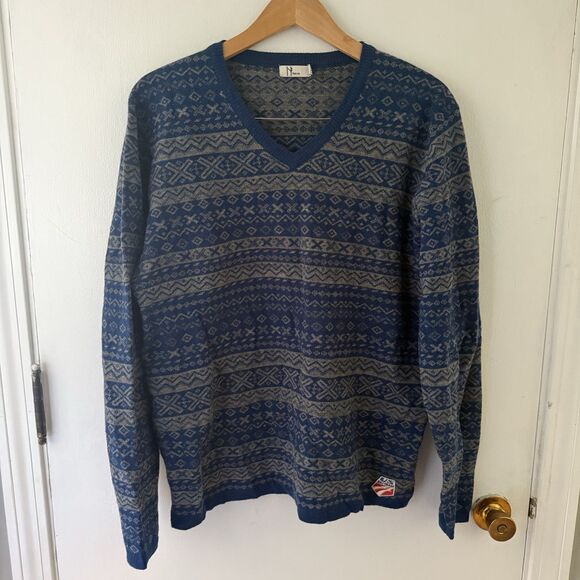 Neve Men’s XL Wool Sweater US Ski Team Patch V Neck Fair Isle Blue Long Sleeve - Picture 1 of 8